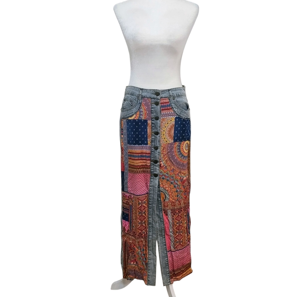 Desigual Wearable Art Multicolor Patchwork Denim Creative Artistic Maxi Skirt - Picture 2 of 16